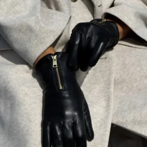 Depeche - 14894 Black Leather Gloves with a Gold Zip